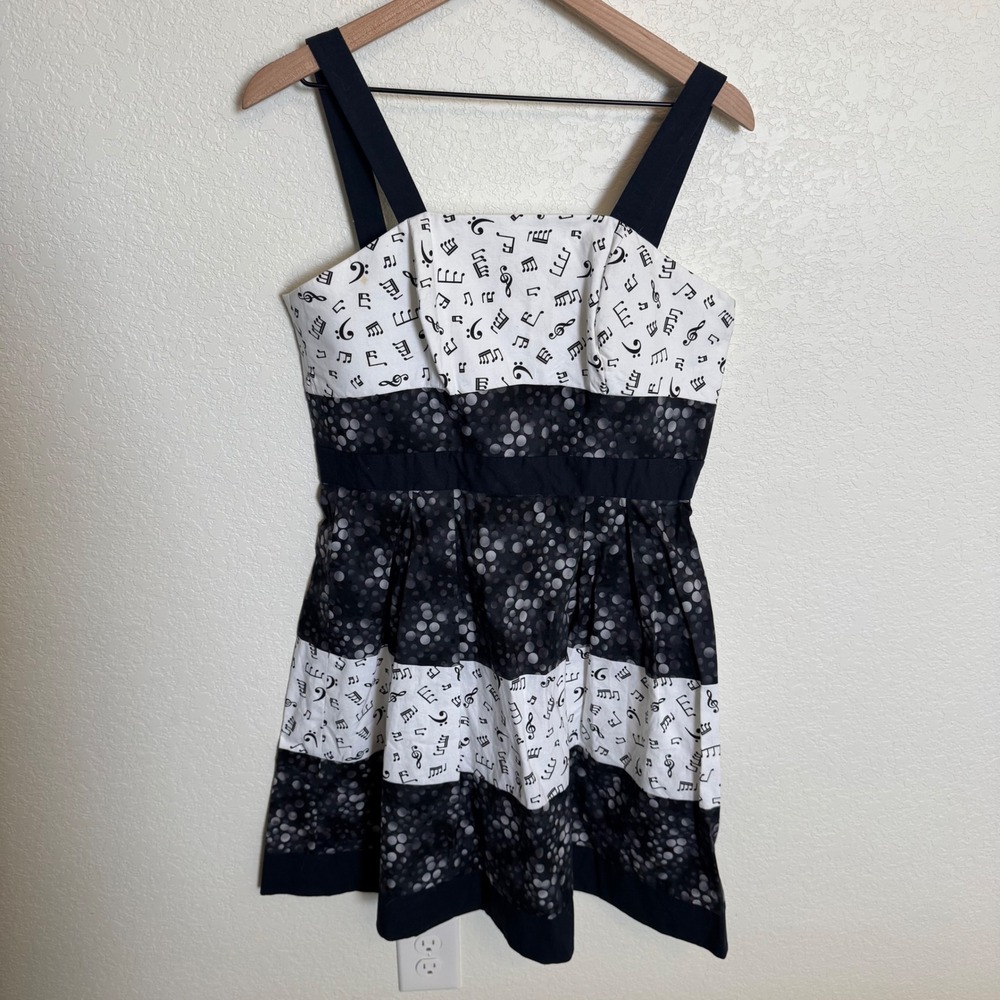Indie Whimsical Music Note Handmade Cotton Dress Large Black White